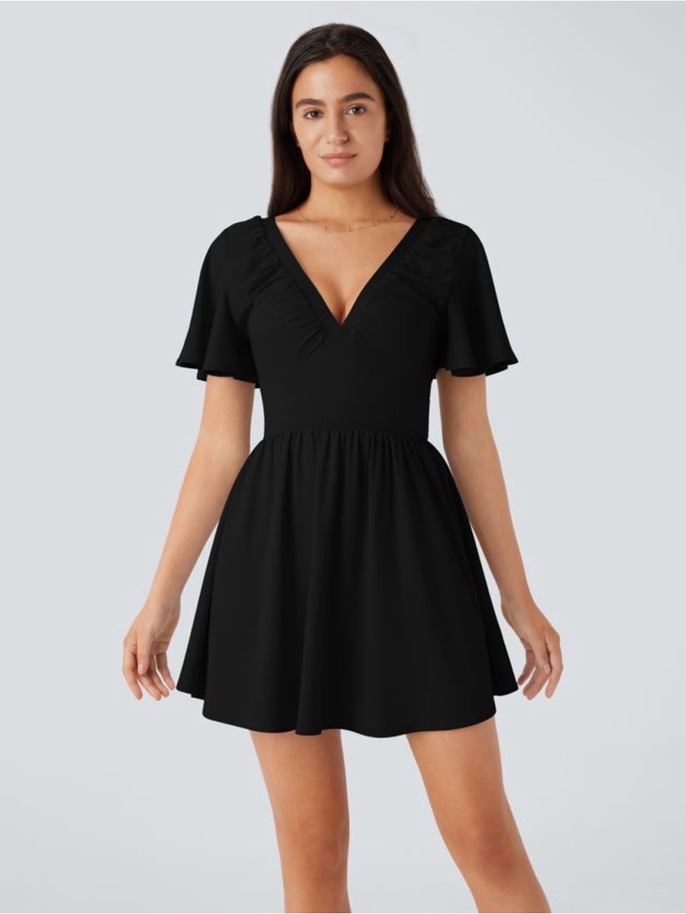 Halara V Neck Backless Tie Back Short Sleeve Flowy Mini Babydoll Black Dress Med